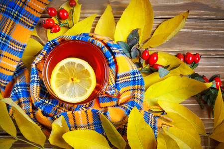 The table, decorated with autumn leaves, berries and fresh tea. Autumn. Autumn background.の写真素材