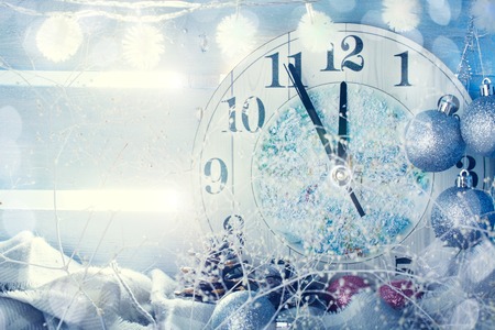 Christmas winter background, Christmas decorations and hours. Happy New Year. Merry Christmas.の写真素材