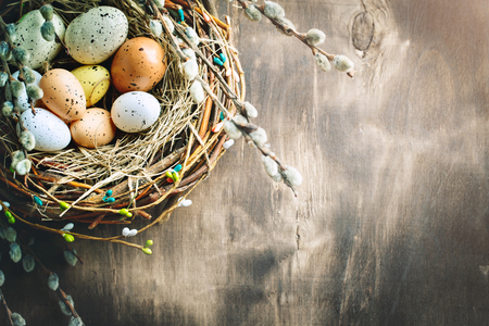 Happy Easter. Congratulatory easter background. Easter eggs and flowers.の写真素材