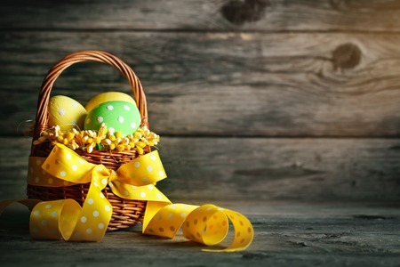 Happy Easter. Congratulatory easter background. Easter eggs and flowers.の写真素材