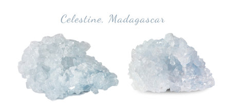 Macro shooting of natural gemstone. The raw mineral is Celestine, Madagascar. Isolated object on a white background.の写真素材