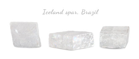 Macro shooting of natural gemstone. Raw mineral Iceland spar, Brazil. Isolated object on a white background.の写真素材