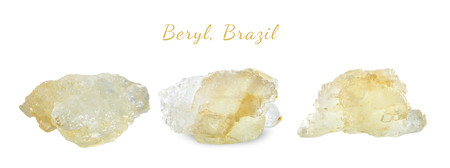 Macro shooting of natural gemstone. The raw mineral beryl, Brazil. Isolated object on a white background.の写真素材