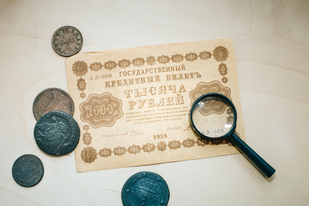 Collection of old coins and banknotes.の写真素材