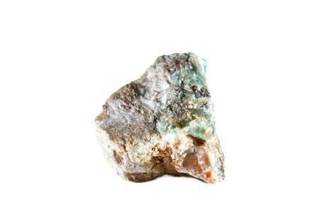 Macro shooting of natural gemstone. Raw mineral Apatite. Madagascar. Isolated object on a white background.の写真素材