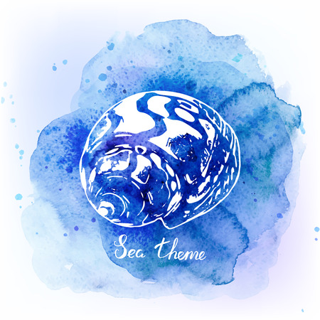 Seashells on watercolor blue background. Sea background. Vector illustration.のイラスト素材