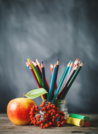 Back to school background with school supplies.View from above.の写真素材