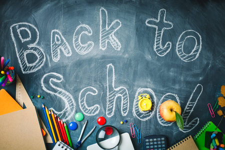 Back to school background with school supplies.View from above.