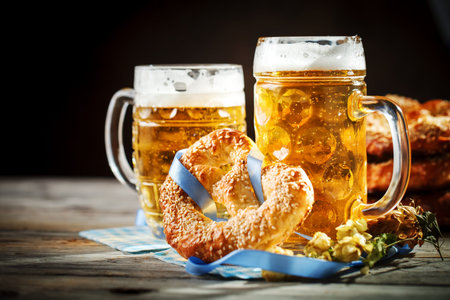 Beer mugs and pretzels on a wooden table. Oktoberfest. Beer festival.