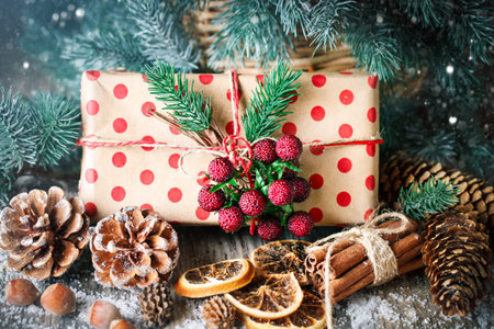 Merry Christmas and happy New year. Christmas gift and Christmas tree on dark wooden background....