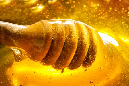 Honey with gold color flows down from a spoon. Healthy food concept. Healthy eating. Diet. Selective focus.の写真素材