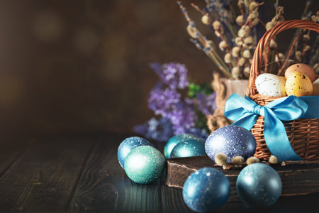 Happy Easter. Congratulatory easter background. Easter eggs and flowers. Background with copy space....