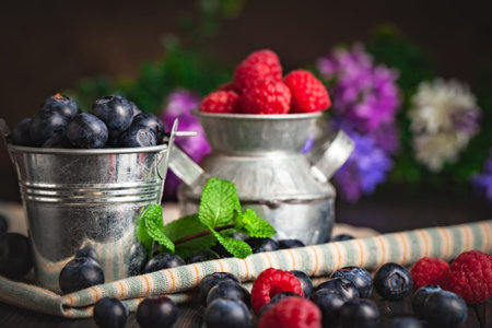 Raspberries and blueberries in a Cup on a dark