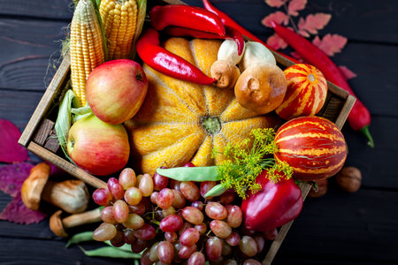 The table, decorated with vegetables and fruits. Harvest Festival. Happy Thanksgiving. Autumn...