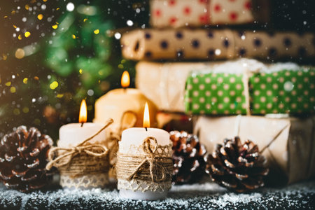 Christmas present on dark wooden background in vintage style. Merry Christmas and happy New year. Selective focus.