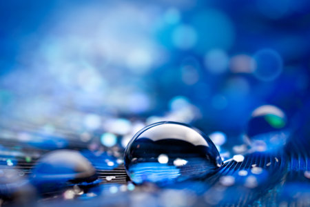 Beautiful transparent water drops or rain water on soft background. Macrophotography. Desktop background. Selective focus.の写真素材