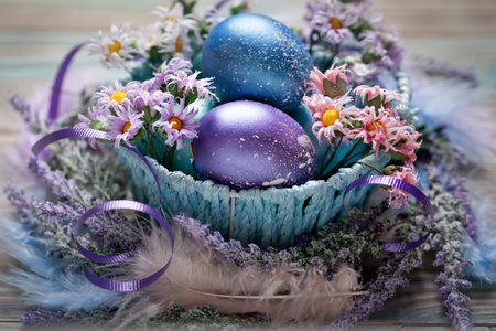 Happy Easter. Congratulatory easter background. Easter eggs and flowers. Background with copy space....