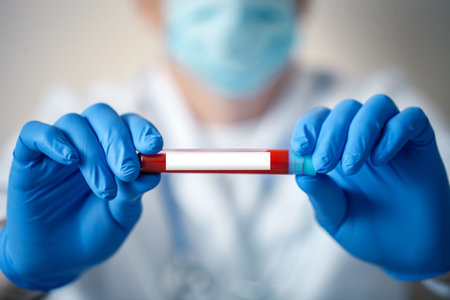 Hand of a doctor holding a bottle of blood sample. Background with copy space. Horizontal.
