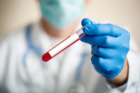 The epidemic of coronavirus. Hand of a doctor holding a bottle of blood sample.