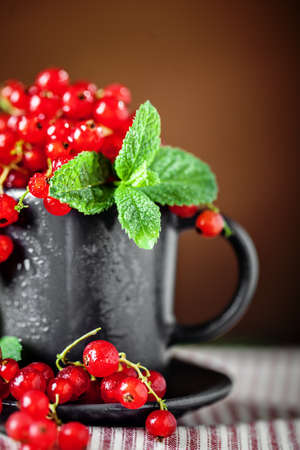 Fresh red currants in a Cup on a dark rustic wooden table. Background with space for copying. Selective focus.の写真素材