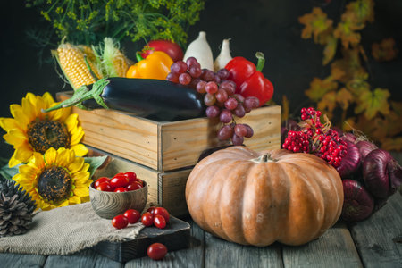 The table, decorated with vegetables and fruits. Harvest Festival,Happy Thanksgiving. Autumn...