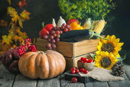 The table, decorated with vegetables and fruits. Harvest Festival,Happy Thanksgiving. Autumn background. Selective focus.の写真素材