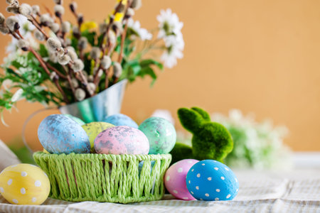 Congratulatory easter background. Background with copy space. Selective focus. Horizontal.