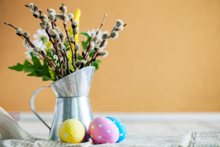 Congratulatory easter background. Background with copy space. Selective focus. Horizontal.