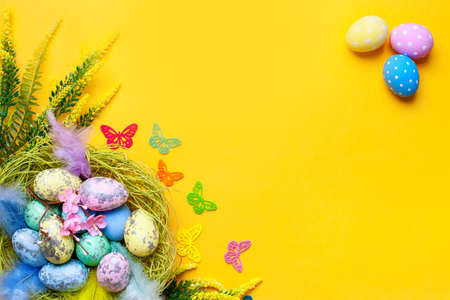 Congratulatory easter background. Background with copy space. Selective focus. Horizontal.の写真素材