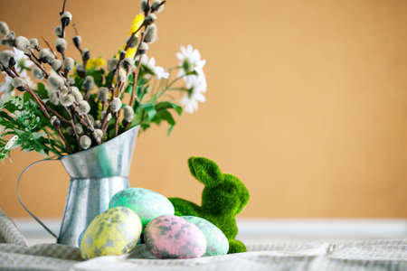 Congratulatory easter background. Background with copy space. Selective focus. Horizontal.の写真素材