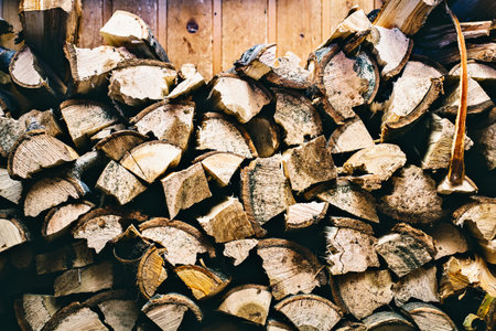 Preparation of firewood for the winter. firewood background, Stacks of firewood in the forest. Pile...