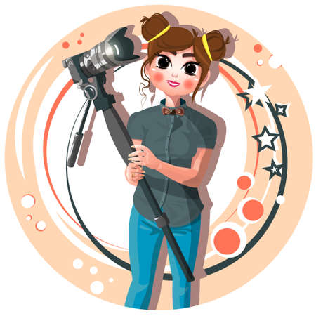 beautiful cute girl in a shirt and jeans with a camera in her hands. vector illustrationのイラスト素材