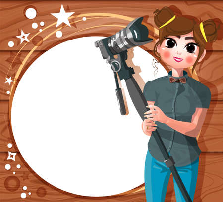 Girl with camera and tripod. White circle for text on wood background. Vector illustrationのイラスト素材
