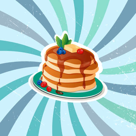 Pancakes or cupcakes on a blue plate. Honey, caramel, butter and berries. Composition on a delicate background. Vectorのイラスト素材