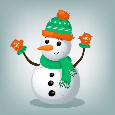 Snowman with hat and mittens. On a blue background. illustrationのイラスト素材