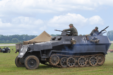 PARDUBICE, CZECH REPUBLIC - 2 June 2012: Sdkfz-251 halftrack in aviation fair and century air combats, Pardubice, Czech Republic on 2-3 June 2012のeditorial素材