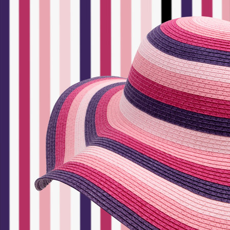 colored beach hat on striped backgroundの写真素材