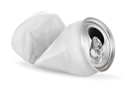 Crumpled empty soda or beer can isolated on whiteの写真素材