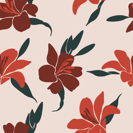 Dark Red Modern Hand Drawn Lily Floral Seamless Patternのイラスト素材
