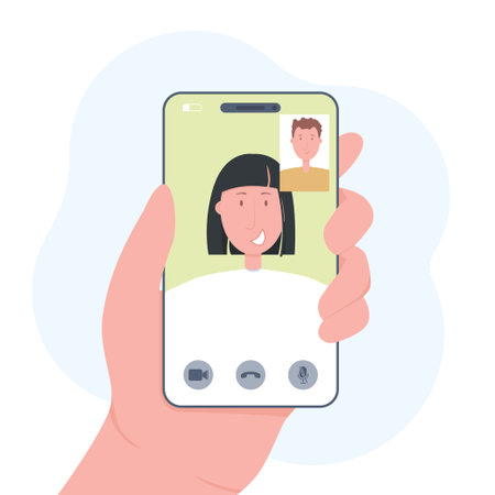 Flat Design, Hand holding Phone Modern Illustration, Vector Concept Cartoon Video Callのイラスト素材