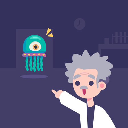 Professor pointing an alien flat design alien invasion illustration