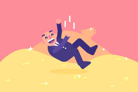 Bald Businessman falling onto gold pile. Business flat design vector illustrationのイラスト素材