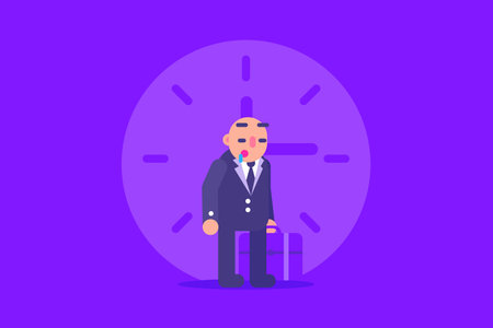 Bald Businessman sleeping while standing with time background at night flat design illustrationのイラスト素材