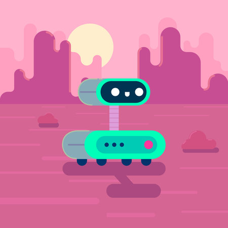 Cute green AI robot observing mars the red planet vector illustrationのイラスト素材