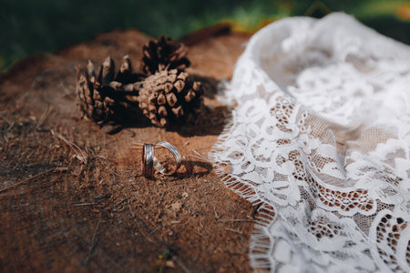 Artistic composition of wedding rings, pine cones, and white lace on a tree stump in natural woodland lighting, adding rustic elegance to wedding symbolism.の写真素材