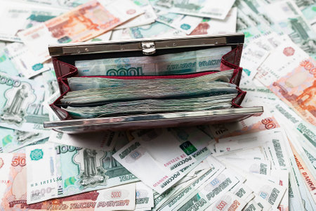Red purse full of Russian money, lots of money