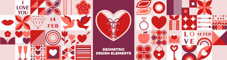 Set of modern geometric elements for Happy Valentines day in minimal style. Good for banner, flyer, social media, greeting card template. Vector romantic symbols, abstract shapes.のイラスト素材