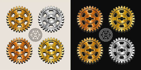 Gold, brass, copper, steel polished gears in vintage style. Base shape of gears with editable strokes. Good for decoration in steampunk style. Vector.のイラスト素材