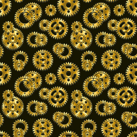 Seamless mechanical pattern with polished gold machine gears on a black background. Steampunk style.のイラスト素材