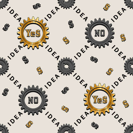 Seamless staggered geometric pattern with diagonal grid with grey, gold gears, dollar sign and text....
